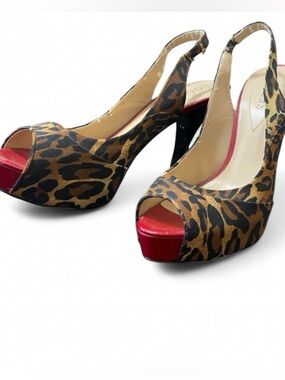 Guess Leopard Print Peep-Toe Slingback Heels with Red Platform